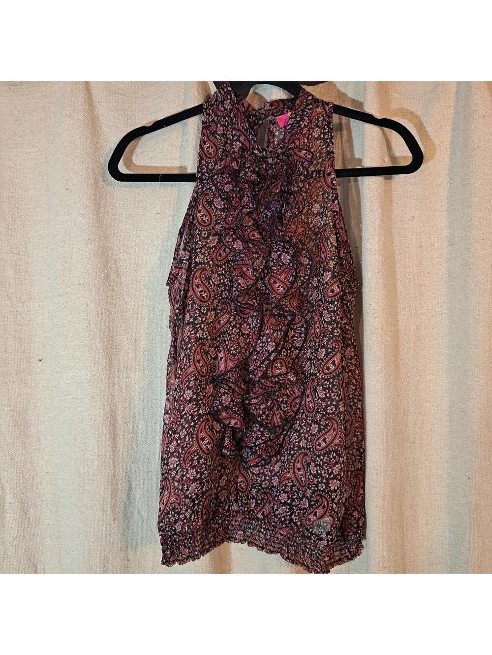 Sheer Paisley Print Sleeveless Blouse with Ruffle Detail